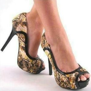 Camo peep toe heels